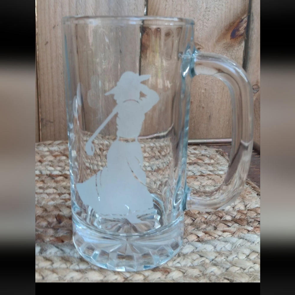 Vintage beer brew stein Victorian garbed woman golfing golf